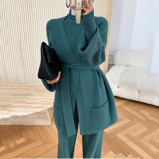 Winter 2022 new design high neck pullover knitted cardigan long sleeve wide leg pants 3 sets women sweaterPopular