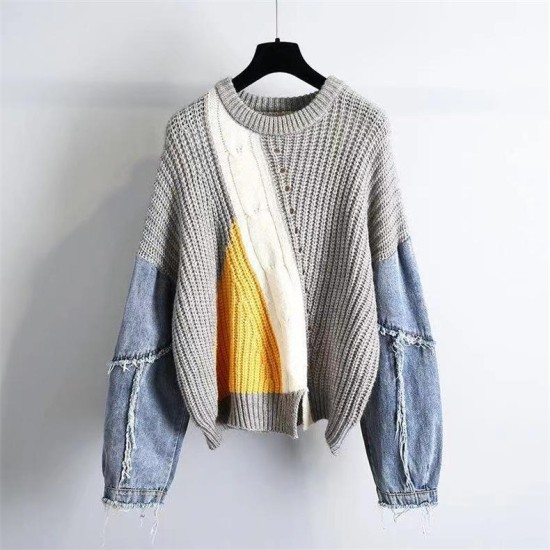 Unique Vintage Fashion Lady WomenS Sweater Shirt Top Patchwork Denim Pullover Fall Winter Knitted Cotton Wool Cashmere Sweater