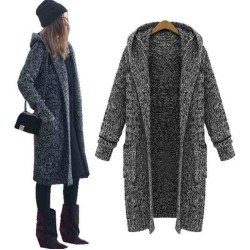 Large Size Womens Autumn And Winter Europe And The New Long Thick Knit Cardigan Loose Hooded Sweater Women Wholesale