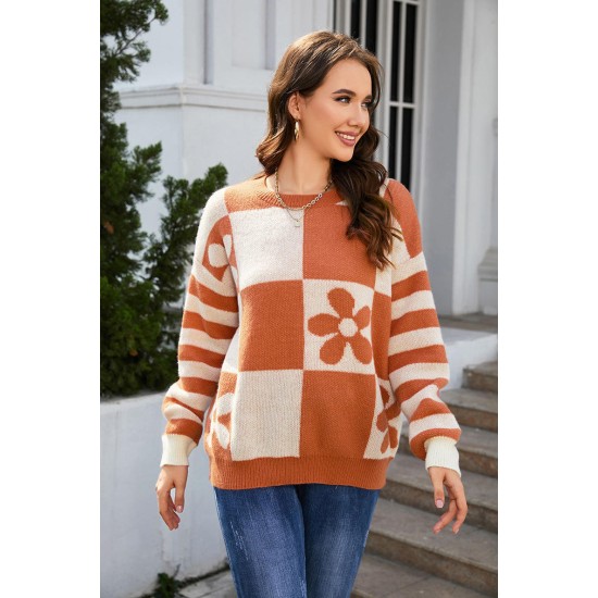 Womens Knitted Sweaters Checkered Floral Print Striped Long Sleeve Sweater For Women