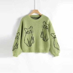 Knitwear Manufacturer Custom Brand Design Cat Embroidery Crewneck Long Sleeve Girls Pullover Cotton Knit Top Women Sweaters