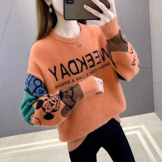 Wholesale womens sweater fashion temperament commuter round neck pullover knitted stitching sweater