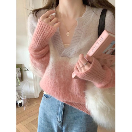 New AW custom Gradient knitted sweater gentle Mohair V-Neck long sleeve womens sweaters