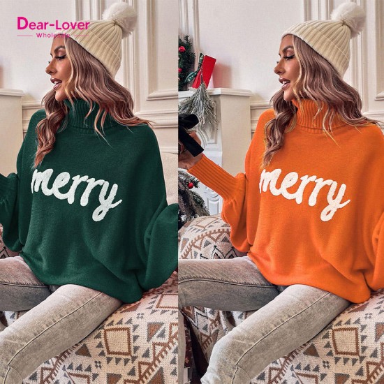 Dear-Lover Merry Letter Embroidered Turtleneck Pullover Ugly Christmas High Neck Women Knitted SweaterPopular