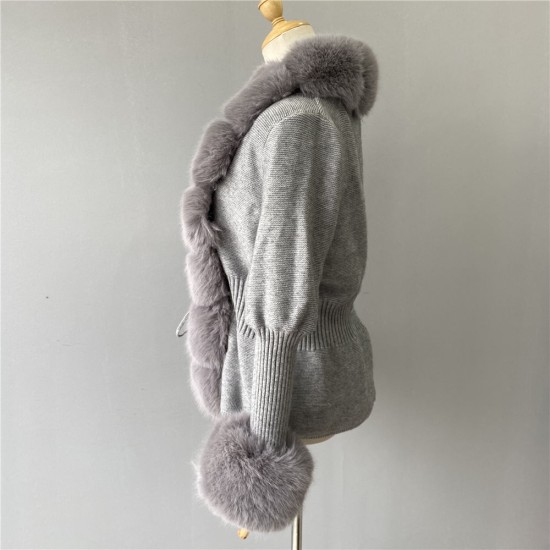 Casual Ladies Female Long Sleeve Fur Collar Cuffs Fashion Cashmere Knitted Cardigan Womens Sweaters