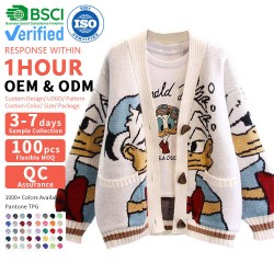 Custom Logo Oversized Knitted Embroidery cardigan Ladies cartoon Knit Jacquard Loose Women Cardigans Sweater With Pockets