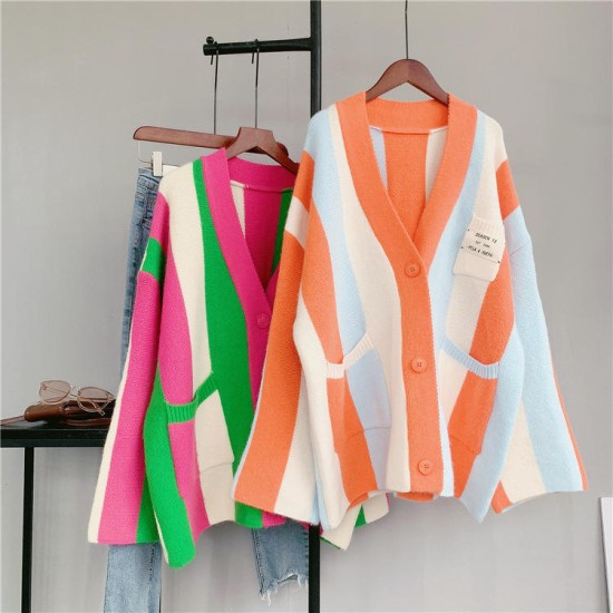 2023 Comfort Colorful Color Stripe Plus Size WomenS Sweaters Oversized Cardigan Coat Loose Knitted Cardigan Sweater For Ladies