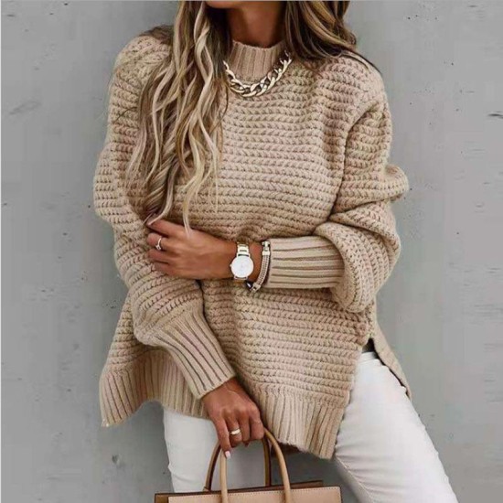 2023 Autumn New Womens Clothing Polish Style Solid Color Mocha Hollowed Out V-neck Sweater Plus Women Sweater