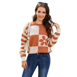 Womens Knitted Sweaters Checkered Floral Print Striped Long Sleeve Sweater For Women