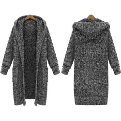 Large Size Womens Autumn And Winter Europe And The New Long Thick Knit Cardigan Loose Hooded Sweater Women Wholesale