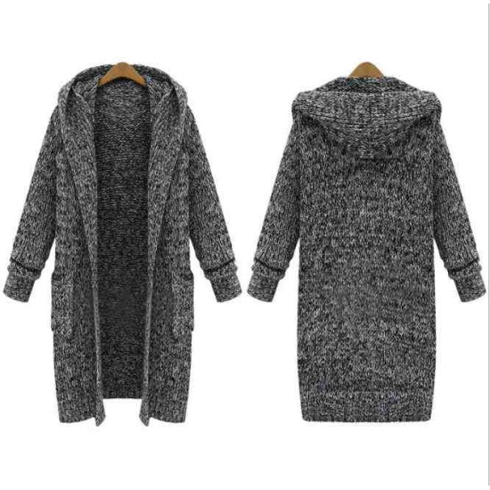 Large Size Womens Autumn And Winter Europe And The New Long Thick Knit Cardigan Loose Hooded Sweater Women Wholesale