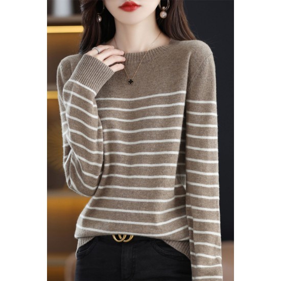 In Stock Fashion Crew Neck Casual Top Striped Wool Knitted Jumper Pullover Plus Size Womens Sweater