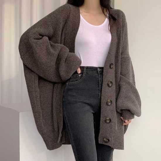 2023 Fashion fall autumn winter knitted sweater ladies loose casual cardigan womens sweaters Cardigan with lantern sleevesPopular