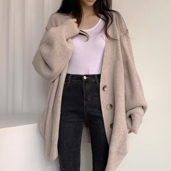 2023 Fashion fall autumn winter knitted sweater ladies loose casual cardigan womens sweaters Cardigan with lantern sleevesPopular