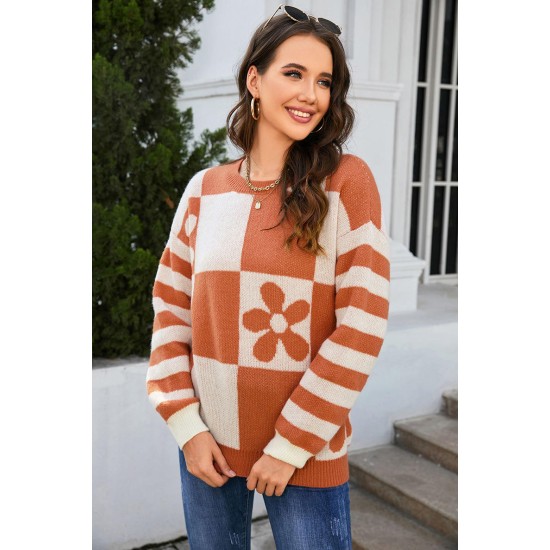 Womens Knitted Sweaters Checkered Floral Print Striped Long Sleeve Sweater For Women