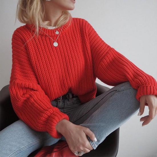 Autumn Winter Crew Neck Solid Color Polyester Sweaters Women Pullover Knitted Sweater