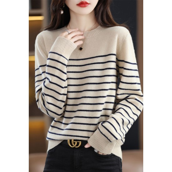 In Stock Fashion Crew Neck Casual Top Striped Wool Knitted Jumper Pullover Plus Size Womens Sweater