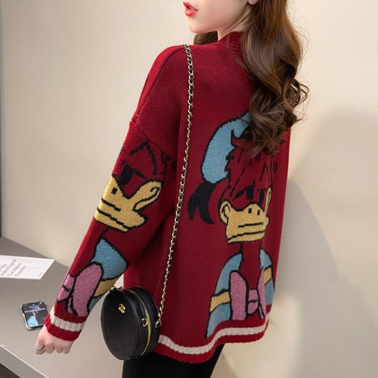 Custom Logo Oversized Knitted Embroidery cardigan Ladies cartoon Knit Jacquard Loose Women Cardigans Sweater With Pockets