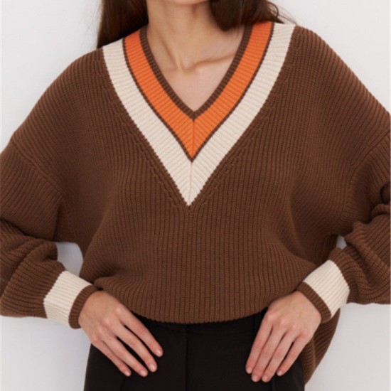 Favor European American Autumn Winter Oversize Sweater Pullover V-neck Contrast Color Striped Loose Knitted Sweater Women