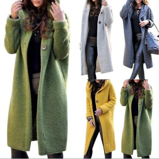 2021 Fashion Fall Autumn Winter Knitted Hooded Long Coat Jacket Ladies Cardigan Womens Sweaters