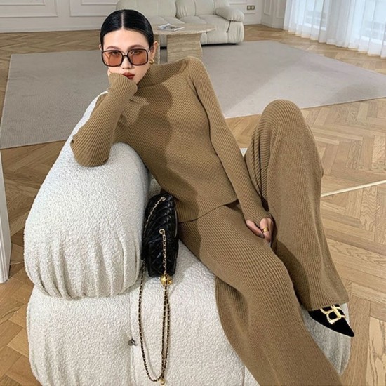 Winter 2022 new design high neck pullover knitted cardigan long sleeve wide leg pants 3 sets women sweaterPopular