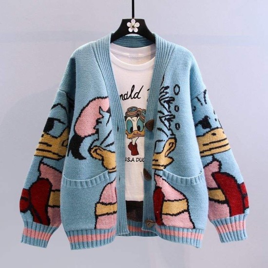 Custom Logo Oversized Knitted Embroidery cardigan Ladies cartoon Knit Jacquard Loose Women Cardigans Sweater With Pockets