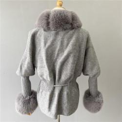 Casual Ladies Female Long Sleeve Fur Collar Cuffs Fashion Cashmere Knitted Cardigan Womens Sweaters