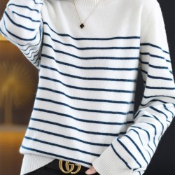 In Stock Fashion Crew Neck Casual Top Striped Wool Knitted Jumper Pullover Plus Size Womens Sweater