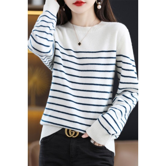 In Stock Fashion Crew Neck Casual Top Striped Wool Knitted Jumper Pullover Plus Size Womens Sweater