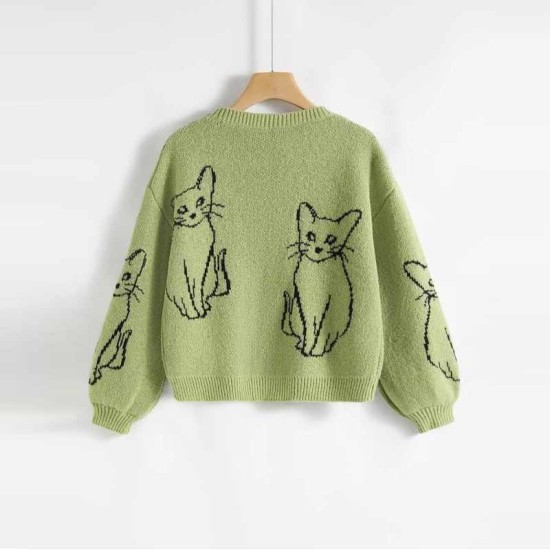 Knitwear Manufacturer Custom Brand Design Cat Embroidery Crewneck Long Sleeve Girls Pullover Cotton Knit Top Women Sweaters