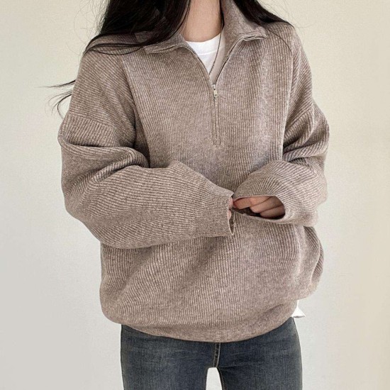 Loose Long Y2K Womens Sweaters Knit Pullover Half Zipper Up Big Neck Drop Shoulder Fall Warm Wear