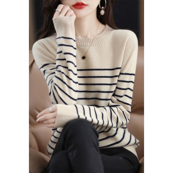 In Stock Fashion Crew Neck Casual Top Striped Wool Knitted Jumper Pullover Plus Size Womens Sweater