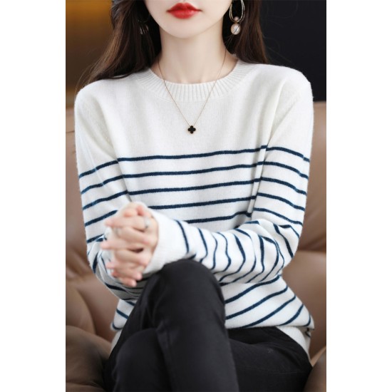 In Stock Fashion Crew Neck Casual Top Striped Wool Knitted Jumper Pullover Plus Size Womens Sweater