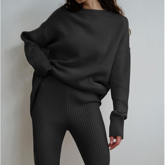 Knitwear Manufacturer Custom Women Knitted Wool Cashmere Loungewear Knitwear Set Women Sweater Knit 2 Two Piece Set