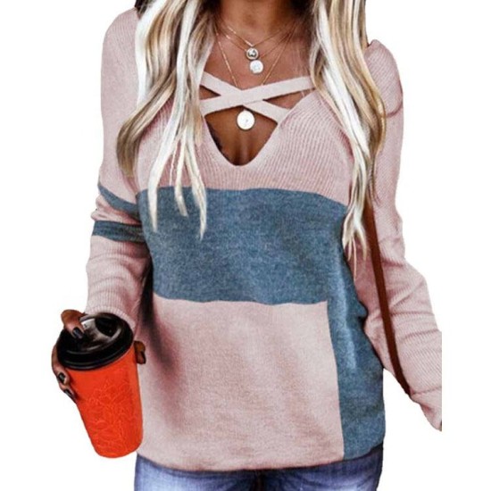 D2220 Long Sleeve Casual Knitted Tops Women Sweater V Neck Contrast Printing Womens Sweaters