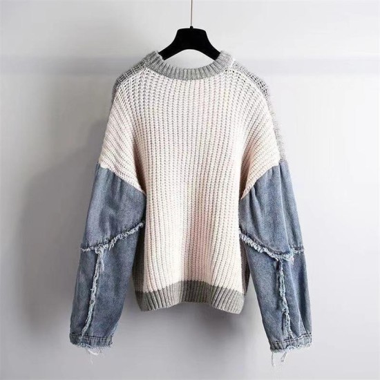 Unique Vintage Fashion Lady WomenS Sweater Shirt Top Patchwork Denim Pullover Fall Winter Knitted Cotton Wool Cashmere Sweater