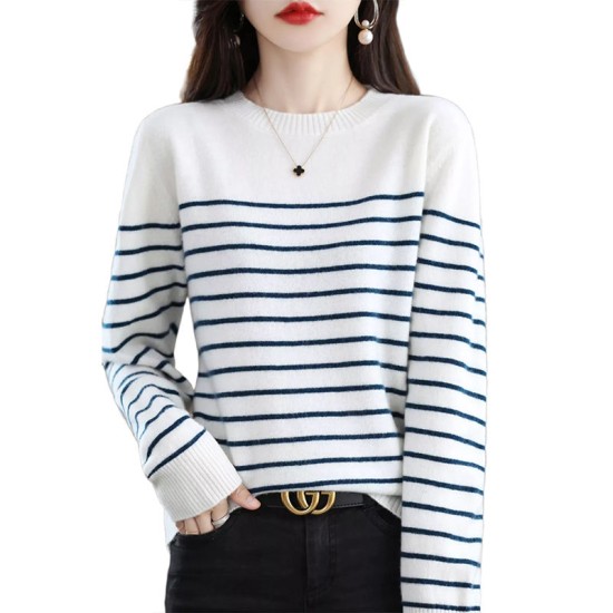 In Stock Fashion Crew Neck Casual Top Striped Wool Knitted Jumper Pullover Plus Size Womens Sweater