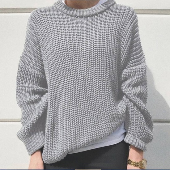 Autumn Winter Crew Neck Solid Color Polyester Sweaters Women Pullover Knitted Sweater