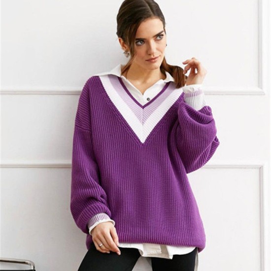 Favor European American Autumn Winter Oversize Sweater Pullover V-neck Contrast Color Striped Loose Knitted Sweater Women