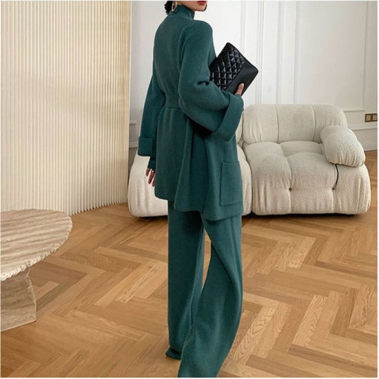 Winter 2022 new design high neck pullover knitted cardigan long sleeve wide leg pants 3 sets women sweaterPopular