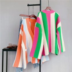 2023 Comfort Colorful Color Stripe Plus Size WomenS Sweaters Oversized Cardigan Coat Loose Knitted Cardigan Sweater For Ladies