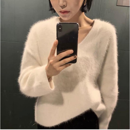 2022 High Quality Womens Mohair Loose Pullover New Winter Long Sleeve Knitted Thick Soft Warm V Neck Sweater Tops for Women