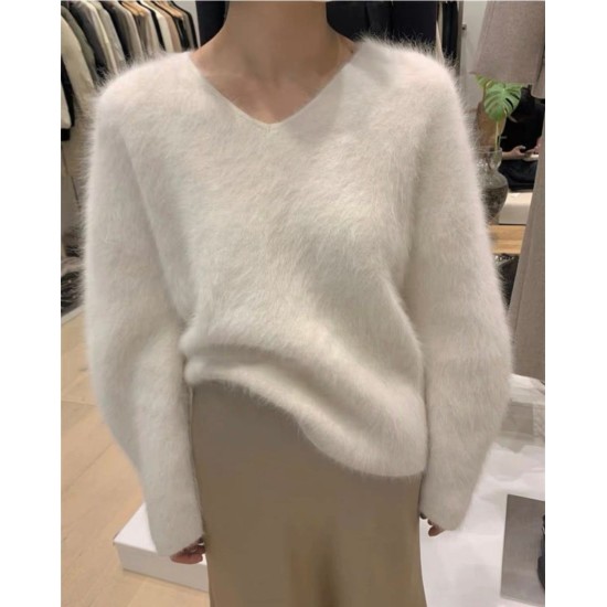 2022 High Quality Womens Mohair Loose Pullover New Winter Long Sleeve Knitted Thick Soft Warm V Neck Sweater Tops for Women