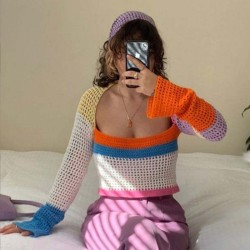 SHULIQI Beautiful Patchwork Polyester Pullover Fashionable Vintage Cropped Top Designer Knitted Womens Sweaters