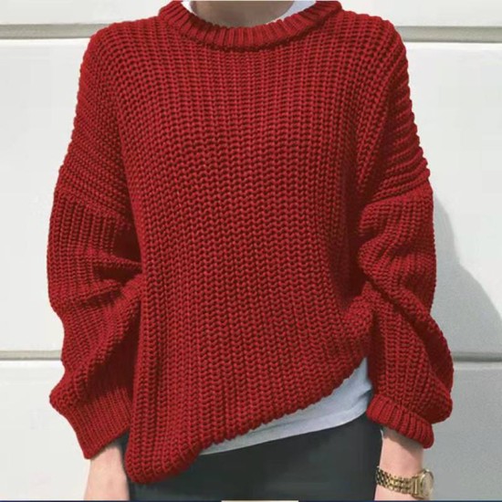 Autumn Winter Crew Neck Solid Color Polyester Sweaters Women Pullover Knitted Sweater