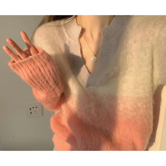 New AW custom Gradient knitted sweater gentle Mohair V-Neck long sleeve womens sweaters