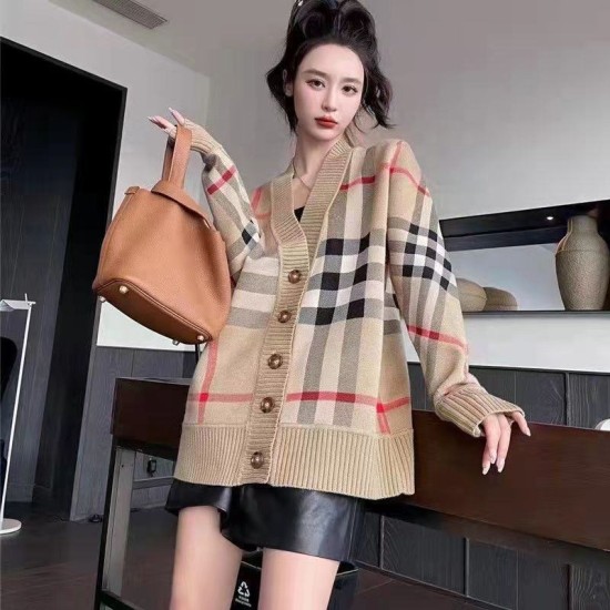 Maglia Maglione 2021 Oversize Classic Cardigan Sweater Ribbing V Neck Long Sleeve Checkered Plus Size WomenS SweatersPopular