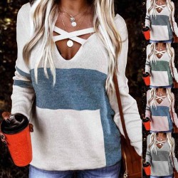 D2220 Long Sleeve Casual Knitted Tops Women Sweater V Neck Contrast Printing Womens Sweaters