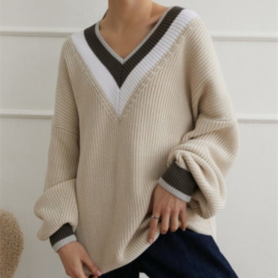 Favor European American Autumn Winter Oversize Sweater Pullover V-neck Contrast Color Striped Loose Knitted Sweater Women