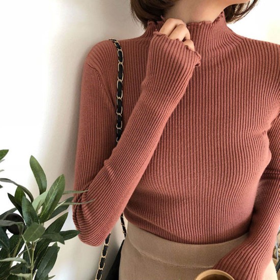 Custom Women sweater turtleneck women tops high neck sweaters girl knitted cotton ribbed pullover womens sweaters